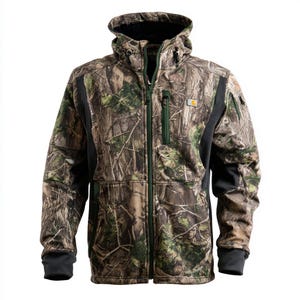May include: A camouflage jacket with a hood and a full-length zip. The jacket features a mix of green, brown, and black colours, with black panels on the sides and sleeves. It has multiple pockets and a Carhartt logo.