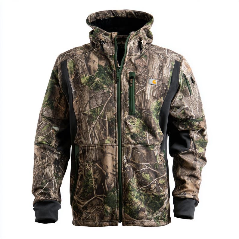 May include: A camouflage jacket with a hood and a full-length zip. The jacket features a mix of green, brown, and black colours, with black panels on the sides and sleeves. It has multiple pockets and a Carhartt logo.