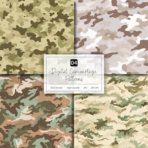 Puede incluir: Cuatro patrones de camuflaje digitales en tonos verdes, marrones y beige. Los patrones miden 30,48 cm x 30,48 cm y son de alta calidad. La imagen incluye el texto "04 Digital Camouflage Patterns".