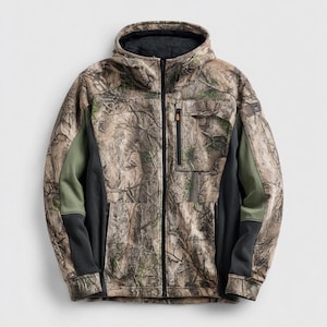 May include: A camouflage jacket with a full-length zipper, a hood, and multiple pockets. The jacket features a brown, green, and black pattern, with solid black and green panels on the sleeves. The jacket is designed for outdoor activities.