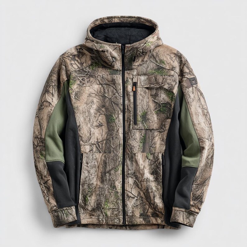 May include: A camouflage jacket with a full-length zipper, a hood, and multiple pockets. The jacket features a brown, green, and black pattern, with solid black and green panels on the sleeves. The jacket is designed for outdoor activities.