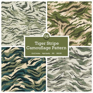 Può includere: Quattro pannelli quadrati che mostrano motivi mimetici a strisce di tigre in vari schemi di colori. I motivi includono sfumature di verde, marrone, beige e blu, con strisce nere. L'immagine include il testo "Tiger Stripe Camouflage Pattern".