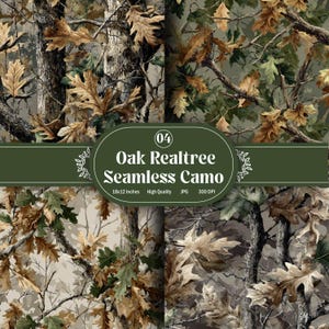 Peut inclure: Image en quatre panneaux présentant un motif de camouflage sans couture. Le design intègre des feuilles de chêne et de l'écorce d'arbre dans des tons de marron, de vert et de beige. Le texte "Oak Realtree Seamless Camo" est affiché sur une bannière verte, avec des dimensions de 45.72 x 30.48 cm.