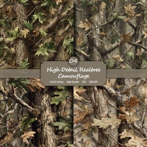 May include: A digitally created camouflage pattern featuring a detailed design of tree bark, branches, and leaves in shades of brown, green, and tan. The image includes the text "04 High Detail Realtree Camouflage" and dimensions of 30.48cm x 30.48cm.