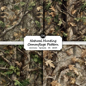Op de afbeelding: Een natuurlijk jacht camouflagepatroon met bruine, groene en bruine tinten. Het ontwerp bevat boomstammen, takken en bladeren, waardoor een bosachtig effect ontstaat. De tekst "Natural Hunting Camouflage Pattern" en afmetingen van 30.5 x 30.5 cm zijn inbegrepen.