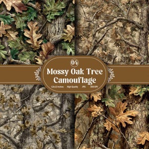 Peut inclure: Un collage en quatre panneaux présentant un motif de camouflage Mossy Oak Tree. Le design comprend des représentations réalistes d'écorce d'arbre, de branches et de feuilles dans des tons de marron, de vert et de beige. Le texte "Mossy Oak Tree Camouflage" est affiché.