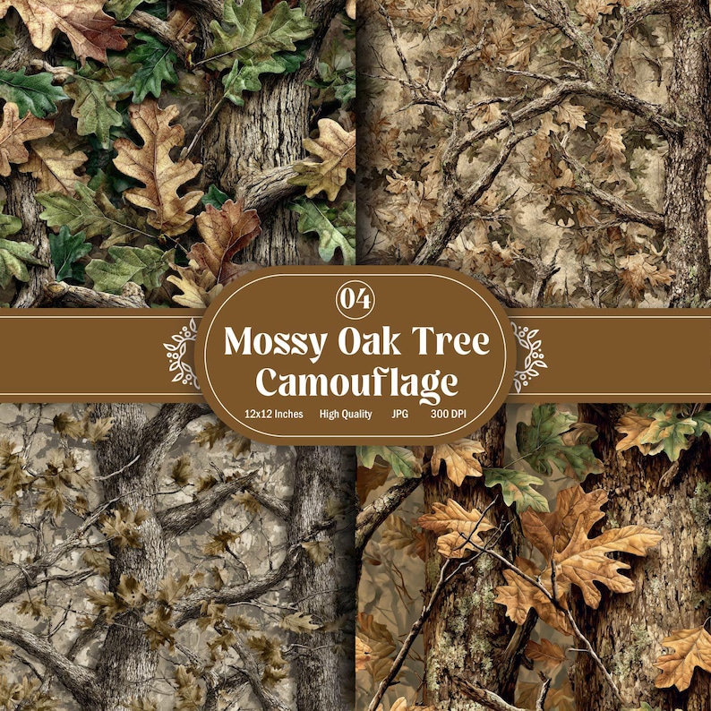 May include: A four-panel collage showcasing a Mossy Oak Tree Camouflage design. The pattern includes detailed illustrations of tree bark, branches, and leaves in brown, green, and tan hues. The text "Mossy Oak Tree Camouflage" is visible.