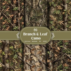 May include: A digital paper pack with a branch and leaf camouflage design. The pattern incorporates shades of brown, green, and tan, with detailed illustrations of tree branches and leaves. The text "Branch & Leaf Camo" is displayed on the image.