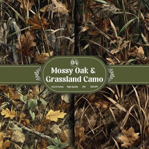 May include: A digitally created pattern featuring a blend of brown, green, and tan hues, mimicking a natural camouflage design. The image includes the text "Mossy Oak & Grassland Camo" and dimensions of 12x12 inches.