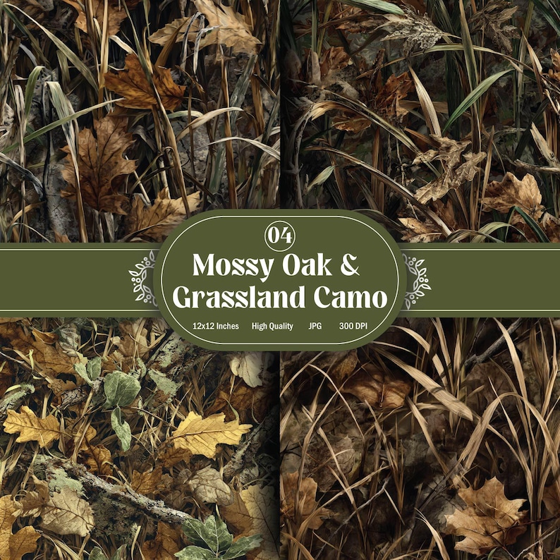 May include: A digitally created pattern featuring a blend of brown, green, and tan hues, mimicking a natural camouflage design. The image includes the text "Mossy Oak & Grassland Camo" and dimensions of 12x12 inches.