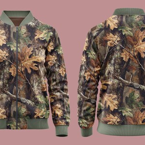 May include: A camouflage bomber jacket with a pattern of brown, green, and tan oak leaves and tree bark. The jacket has a green collar, cuffs, and hem, and a front zip. The back of the jacket is also visible.