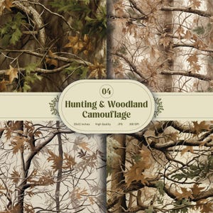 May include: A collage of four panels featuring a woodland camouflage pattern. The design incorporates brown, green, and tan hues, with images of tree branches and leaves. The text "Hunting & Woodland Camouflage" is displayed on a cream-colored oval.