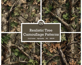 Patrón de camuflaje de árboles realista, diseñado para cazar. 4 patrones de camuflaje de bosque sin costuras. 30 x 30 cm (JPG/CMYK).