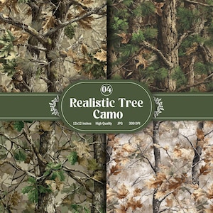 Könnte beinhalten: Eine Collage aus vier Paneelen mit realistischen Baum-Camouflage-Mustern. Die Muster umfassen verschiedene Baumrindentexturen, Blätter und Äste. Der Text "Realistic Tree Camo" ist zu sehen, zusammen mit den Maßen 30,48 x 30,48 cm.