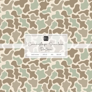 May include: A seamless camouflage pattern featuring irregular organic shapes in shades of light green, tan, and cream. A central white rectangular label displays the text 01 Camouflage Seamless Pattern, 12x12 Inches, EPS-10, JPG, 300 DPI.