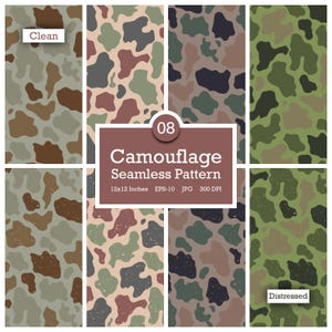 May include: Eight camouflage seamless patterns in various color schemes, including brown, green, and gray. The patterns are displayed in a grid, with the text "Camouflage Seamless Pattern" and dimensions of 12x12 inches. The image also includes the words "Clean" and "Distressed".