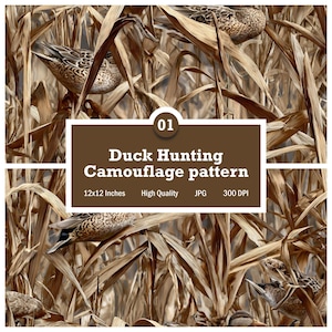 May include: A duck hunting camouflage pattern featuring ducks amidst tall, dried grasses. The design includes a brown rectangular label with the text "Duck Hunting Camouflage pattern" and dimensions of 12x12 inches.
