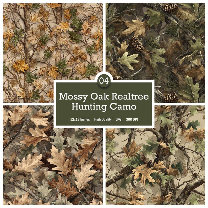 K&ouml;nnte beinhalten: Vier Tafeln mit Mossy Oak Realtree Hunting Camo-Mustern. Die Designs zeigen eine Mischung aus Braun-, Gr&uuml;n- und Beiget&ouml;nen mit detaillierten Darstellungen von Bl&auml;ttern, &Auml;sten und Tannenzapfen. Der Text auf dem Bild lautet "Mossy Oak Realtree Hunting Camo" und "12x12 Inches".