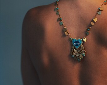 B612 * ΨΥΧΗ GR *   necklace with hand embroidered  heart eye , bronze vintage  heart charms and gemstones
