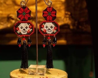 B612 Dia De Los Muertos sugar skull cross stitch hand embroidery earrings with black crystals black tassel