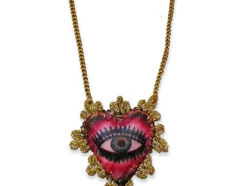 B612 's sacred heart eye hand  embroiderd chain necklace. vintage lace *talisman * tattoo design
