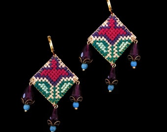 B612 greek traditional flower handembroidery pattern earrings with drop gemstones