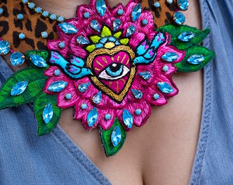 B612 Statement Necklace -limited edition - leather leopard pattern ,flower motif, hand embroidered birds and heart on silk with rhinestones