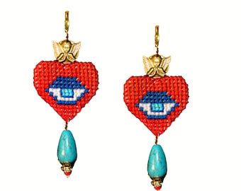 B612 " Hymn To Eros "  handemroidered cross stich eye heart earrings one teardrop gemstone