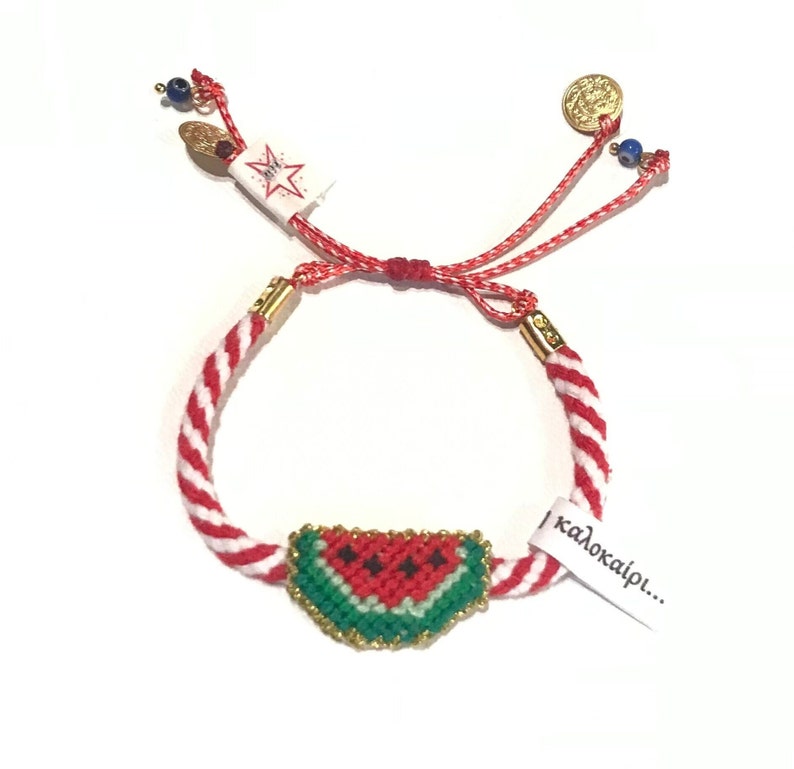 Βραχιολάκι του Μάρτη , καρπούζι / hand embroidered cross stitch watermelon symbol bracelet Διατίθεται με λεπτό ή χοντρό κορδόνι zdjęcie 3