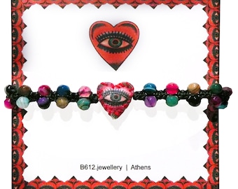 a  B612 s evil eye heart bracelet*knotted*embroidered fabric  eye*handmade in athens *