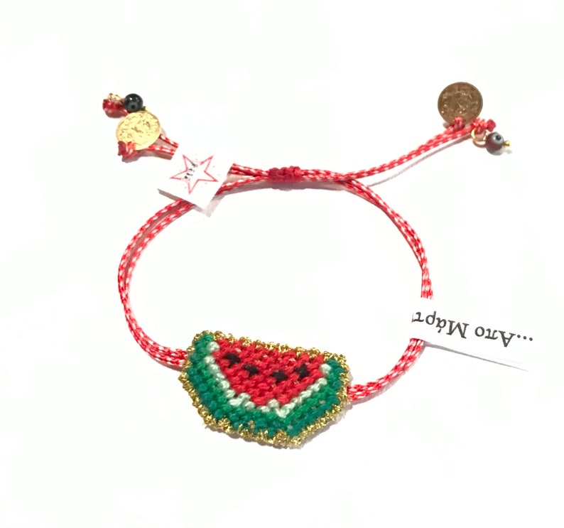 Βραχιολάκι του Μάρτη , καρπούζι / hand embroidered cross stitch watermelon symbol bracelet Διατίθεται με λεπτό ή χοντρό κορδόνι zdjęcie 2