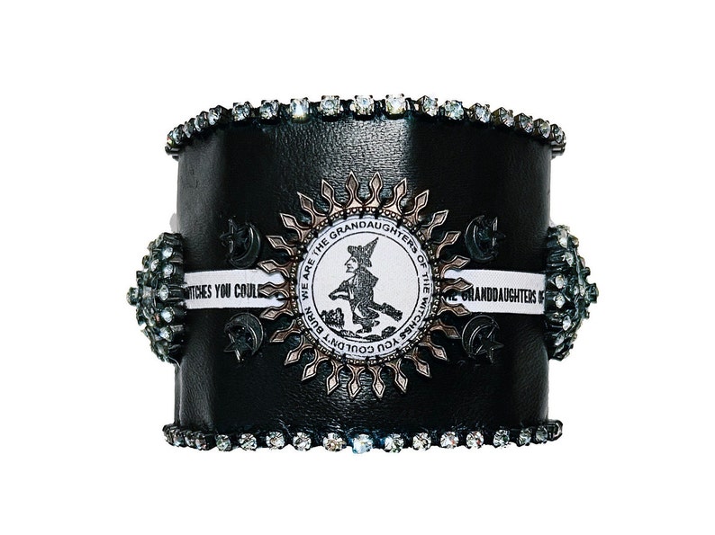 B612 Leather hand stitched cuff with swarovski crystals and rhinestones We Are The Granddaughters Of he Witches You Couldnt Burn image 2