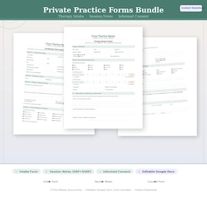 May include: A digital bundle of private practice forms including a therapy intake form, session notes, and informed consent documents. The white pages feature black text, green headers, and fillable fields for clinical documentation and client data.