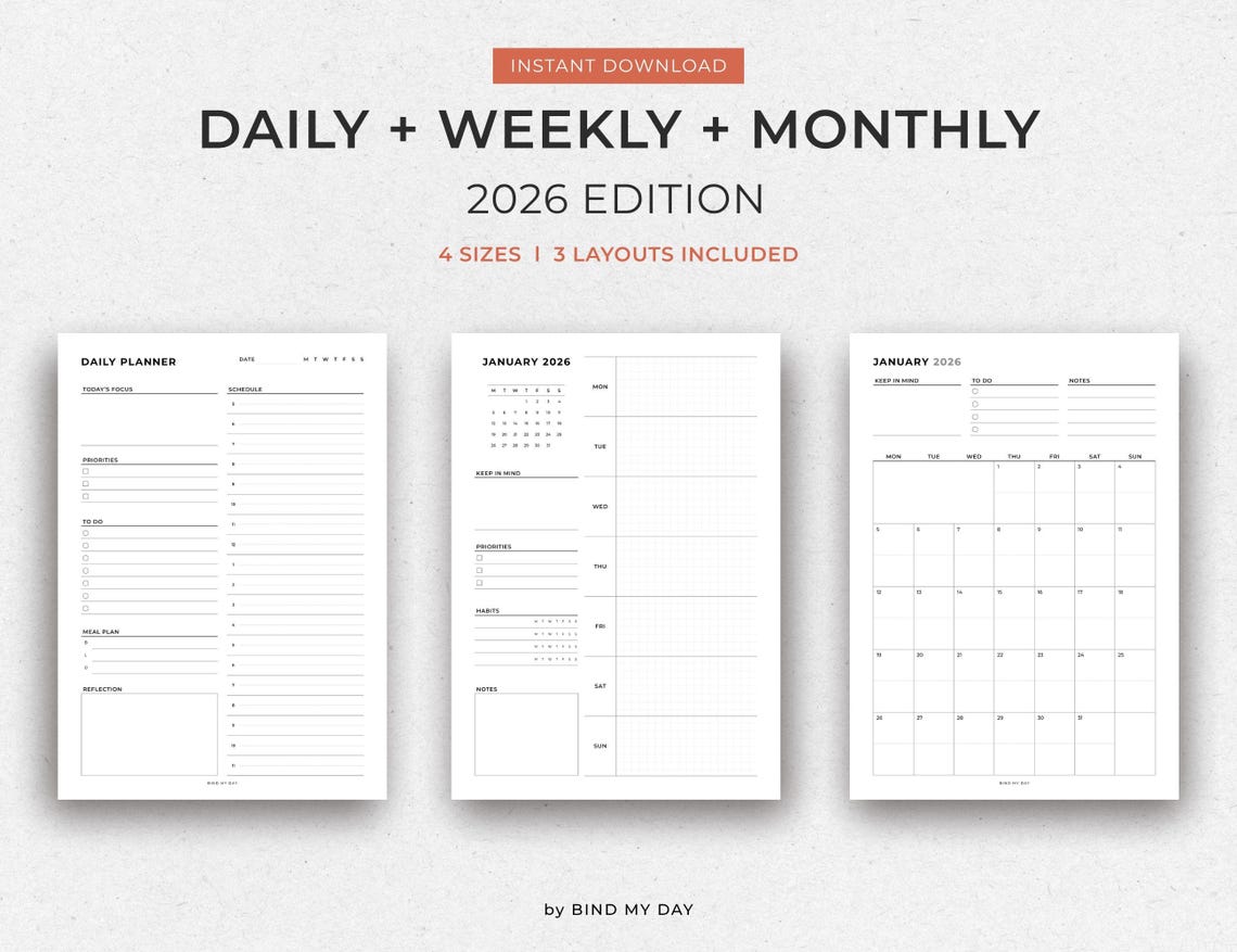 2026 Planner Bundle Printable | Minimalist Daily Weekly Monthly PDF ...