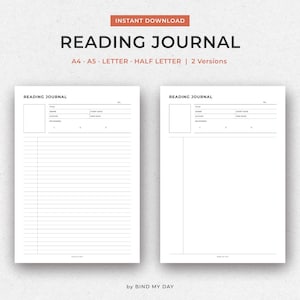 Può includere: Due pagine bianche di diario di lettura con testo nero. La parte superiore delle pagine recita "READING JOURNAL". Le pagine includono sezioni per titolo, genere, autore, parole chiave, data di inizio e data di fine. La parte superiore dell'immagine recita "DOWNLOAD IMMEDIATO".