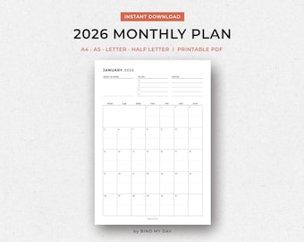 Minimalist 2026 Monthly Planner | Printable Calendar PDF Template | A4 A5 Letter | Instant Download