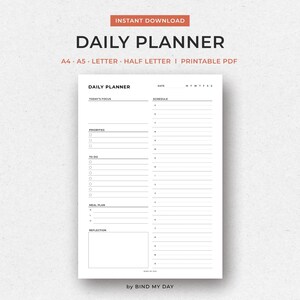 May include: A white daily planner with the text "DAILY PLANNER" at the top. The planner includes sections for today's focus, priorities, to-do list, meal plan, and reflection. Available in A4, A5, Letter, and Half Letter sizes, printable PDF.