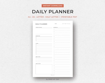 Undated Daily Planner Printable | Minimalist One-Page To-Do Template PDF | A4 A5 Letter | Instant Download