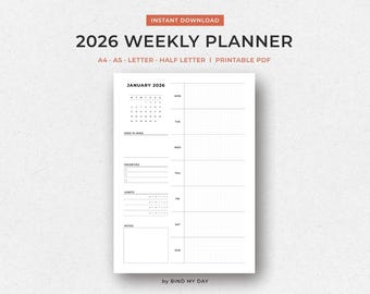 2026 Weekly Planner Printable | Minimalist PDF Template | A4 A5 Letter Half | Instant Download