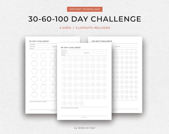 30 60 100 Day Challenge Printable – Minimal Habit Tracker Template (A4 A5 Letter Half Letter)