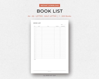 Book List Printable – Minimal Reading Log (A4 A5 Letter Half Letter | 1–200 Books)