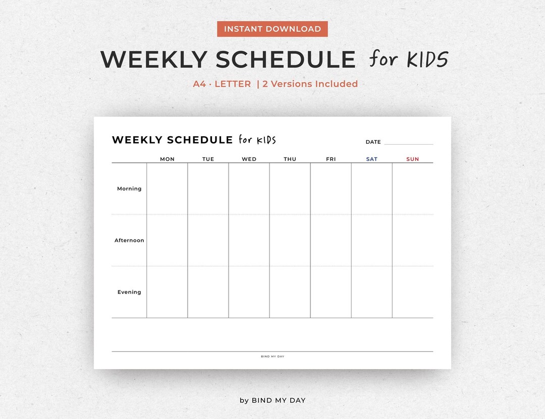 Weekly Roster For Kids Weekly Schedule for Kids Printable: Minimal Kid Planner (A4 Letter | 2 ...