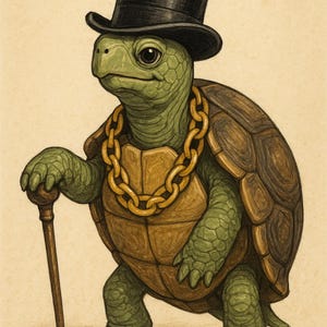 May include: Illustration of a turtle wearing a black top hat and a gold chain necklace, holding a wooden cane. The turtle has a green head and legs, and a brown shell. The image has a vintage, whimsical style.