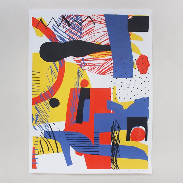 Screenprint handmade original blue - yellow - red - black  / Zouk toujours