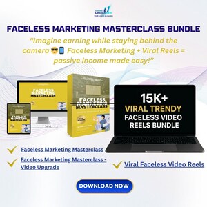 Könnte beinhalten: Werbung für ein Faceless Marketing Masterclass Bundle. Das Bild zeigt einen Laptop, ein Tablet und einen Computerbildschirm mit dem Titel der Masterclass. Das Bundle beinhaltet Faceless Marketing und Viral Reels. Der Text lautet: "Stellen Sie sich vor, Sie verdienen Geld, ohne vor der Kamera zu stehen."