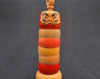 Vintage Daruma Otoshi juego de madera japonés – Arte popular pintado a mano Daruma – Juego de madera japonés Showa Era
