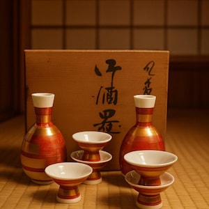 Puede incluir: Un juego de sake japonés tradicional con dos botellas lacadas en rojo y dorado y cuatro tazas a juego. El juego se exhibe frente a una caja de madera con caracteres japoneses. Las tazas y botellas tienen interiores blancos.