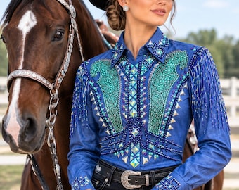 Custom Crystal Embroidered Western Show Shirt | Horse Showmanship, Rodeo, Pleasure (Scuba Fabric)