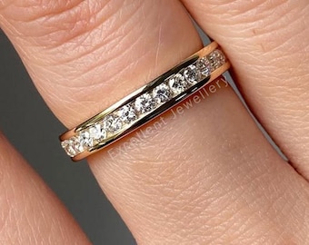 Round Cut Lab Grown Diamond Channel Set Wedding Band, Full Eternity Stackable Anniversary Band, Matching Band For Engagement Ring