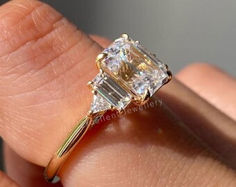 Emerald Cut Lab Grown Diamond Five Stone Engagement Ring, CVD Diamond 14K Solid Gold Wedding Ring For Woman, IGI Certified Anniversary Ring